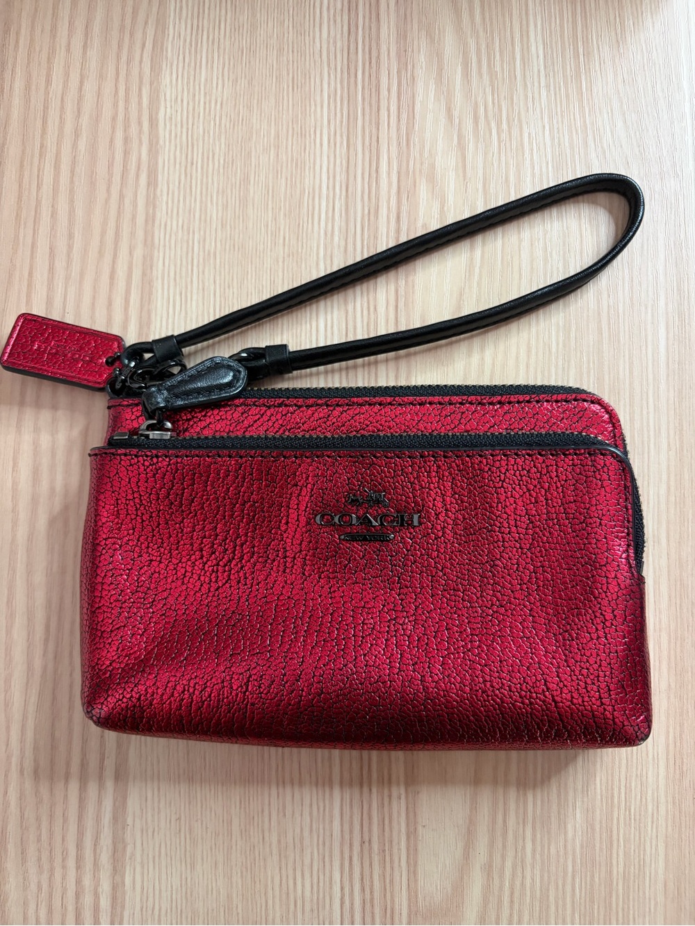 Coach Red Metallic Leather Small Double Zip Wristlet Card Holder Wallet